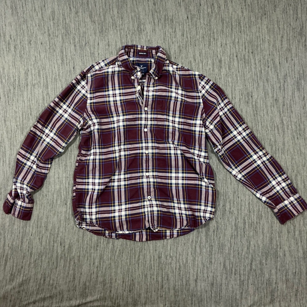 American Eagle Mens XL Seriously Soft Flannel Shirt Burgundy Plaid Classic Fit